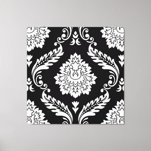 Rococo Damast Groot Patroon Wit op Zwart Canvas Afdruk (Voorkant)
