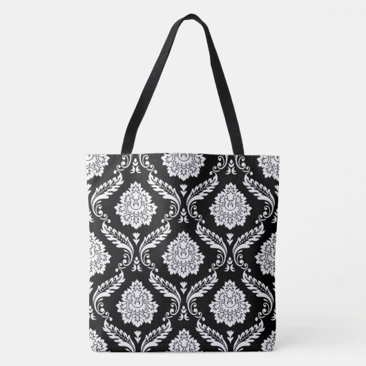 Rococo Damast Groot Patroon Wit op Zwart Tote Bag (Voorkant)