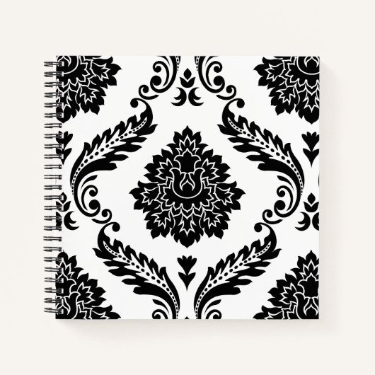 Rococo Damast Groot Patroon Zwart op Wit Notitieboek (Voorkant)