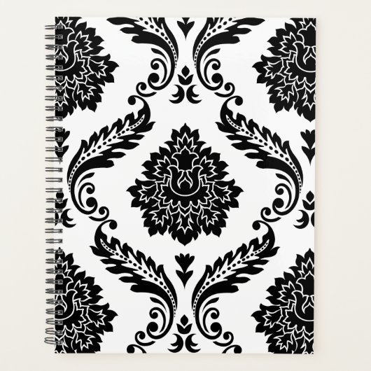 Rococo Damast Groot Patroon Zwart op Wit Planner (Voorkant)
