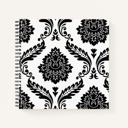 Rococo Damast Grote Off-Center Patroon Zwart op Wi Notitieboek (Voorkant)