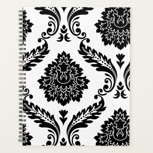Rococo Damast Grote Off-Set Patroon Zwart op Wit Planner (Voorkant)