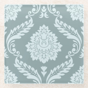 Rococo Damast Grote Patroon Eendenei Blauw+Turquoi Glazen Onderzetter