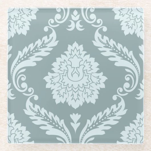 Rococo Damast Grote Patroon Eendenei Blauw+Turquoi Glazen Onderzetter (Voorkant)