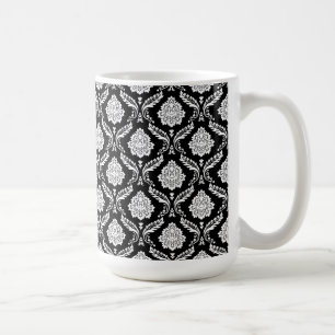 Rococo Damast Klein Patroon Wit op Zwart Koffiemok