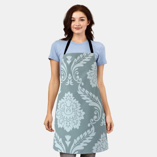 Rococo Damast Kunst I Eendenei Blauw+Turquoise Schort (Gedragen)