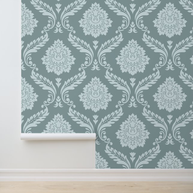 Rococo Damast Lg Patroon Eendenei Blauw+Turquoise Behang (Applicatie)