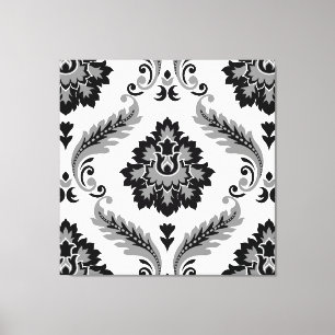 Rococo Damast Lg Patroon Grijs Zwart Wit Canvas Afdruk