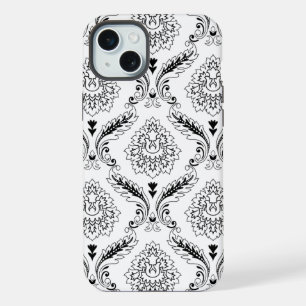 Rococo Damast Lijn Patroon Zwart op Wit iPhone 15 Plus Case
