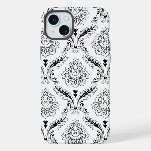 Rococo Damast Lijn Patroon Zwart op Wit iPhone Hoesje (Achterkant)