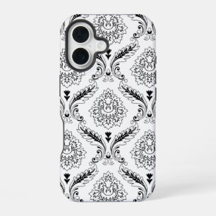 Rococo Damast Lijnpatroon Zwart op Wit iPhone 16 Hoesje