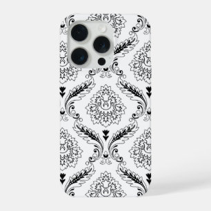 Rococo Damast Lijnpatroon Zwart op Wit iPhone 15 Pro Case