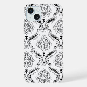 Rococo Damast Lijnpatroon Zwart op Wit iPhone 15 Plus Case