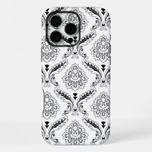 Rococo Damast Lijnpatroon Zwart op Wit iPhone 16 Pro Max Hoesje