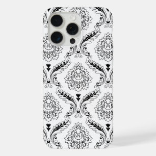 Rococo Damast Lijnpatroon Zwart op Wit iPhone 15 Pro Max Case