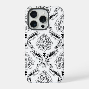 Rococo Damast Lijnpatroon Zwart op Wit iPhone 15 Pro Case