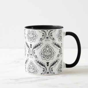 Rococo Damast Lijnpatroon Zwart op Wit Mok