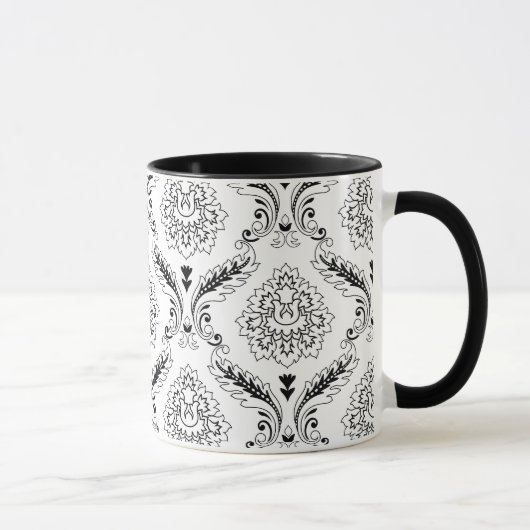 Rococo Damast Lijnpatroon Zwart op Wit Mok (Rechts)