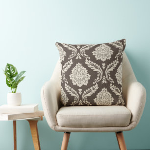 Rococo Damast Off-Set 2-weg patroon Bruin+Crème Kussen