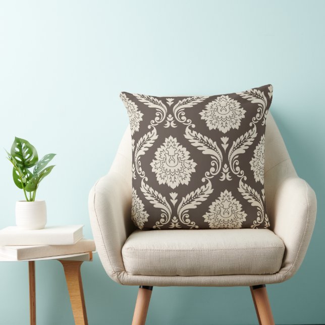 Rococo Damast Off-Set 2-weg patroon Bruin+Crème Kussen (Stoel)