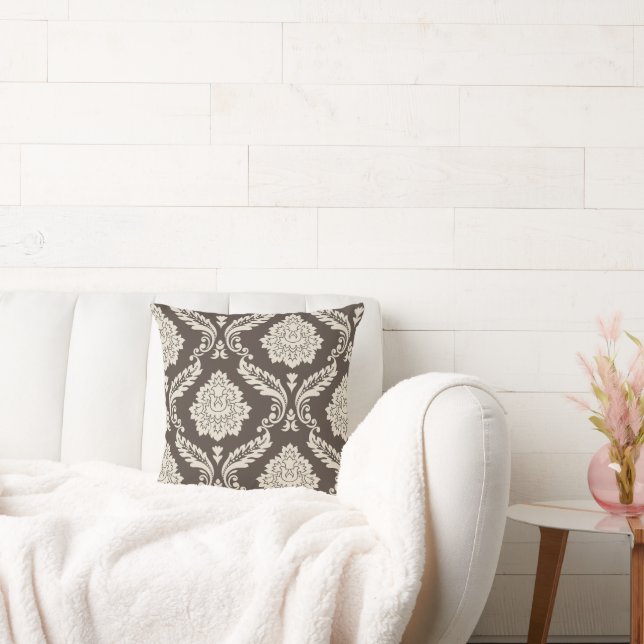 Rococo Damast Offset 2-weg patroon Bruin+Crème Kussen (Bank)