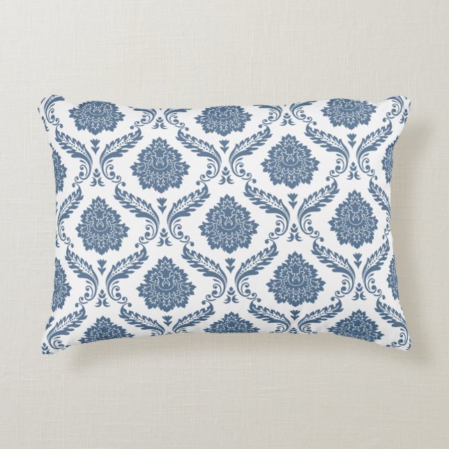 Rococo Damast Patroon Blauw op Wit Accent Kussen (Voorkant)