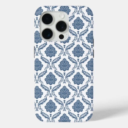Rococo Damast Patroon Blauw op Wit Case-Mate iPhone Case (Achterkant)