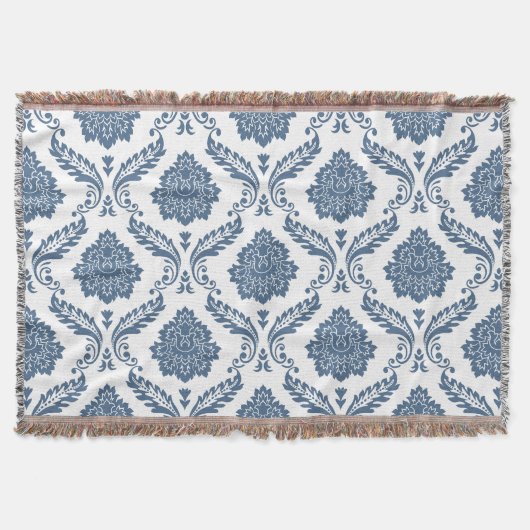 Rococo Damast Patroon Blauw op Wit Deken (Voorkant)