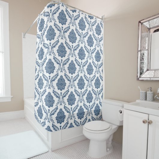 Rococo Damast Patroon Blauw op Wit Douchegordijn (In situ)