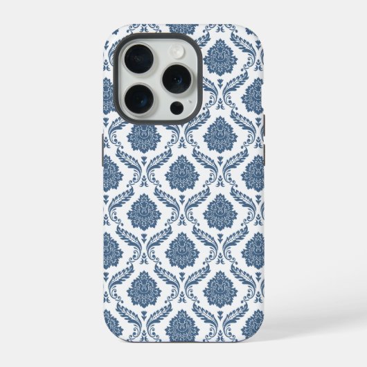 Rococo Damast Patroon Blauw op Wit iPhone Hoesje (Achterkant)