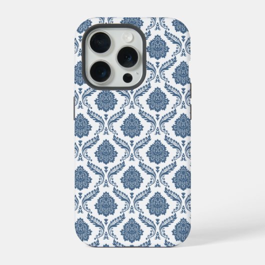 Rococo Damast Patroon Blauw op Wit iPhone Hoesje (Achterkant)