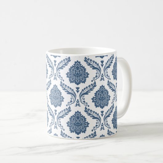 Rococo Damast Patroon Blauw op Wit Koffiemok (Voorkant rechts)
