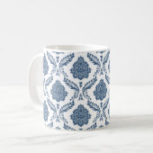 Rococo Damast Patroon Blauw op Wit Koffiemok (Voorkant links)