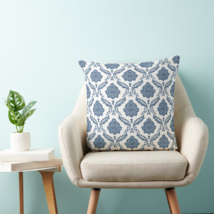 Rococo Damast Patroon Blauw op Wit Kussen