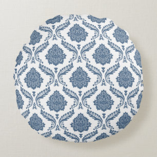 Rococo Damast Patroon Blauw op Wit Rond Kussen