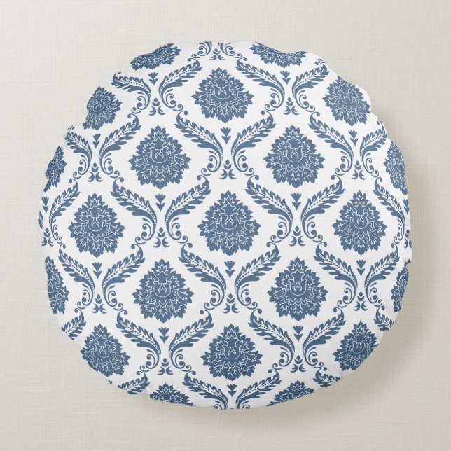 Rococo Damast Patroon Blauw op Wit Rond Kussen (Voorkant)