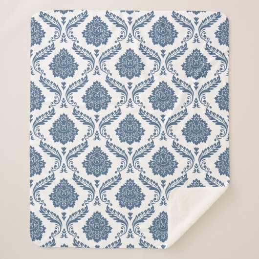 Rococo Damast Patroon Blauw op Wit Sherpa Deken (Voorkant)