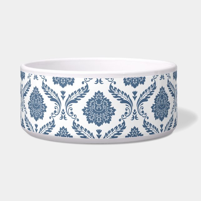 Rococo Damast Patroon Blauw op Wit Voerbakje (Voorkant)