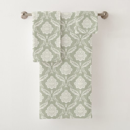 Rococo Damast Patroon Crème op Groen Bad Handdoek (Insitu)