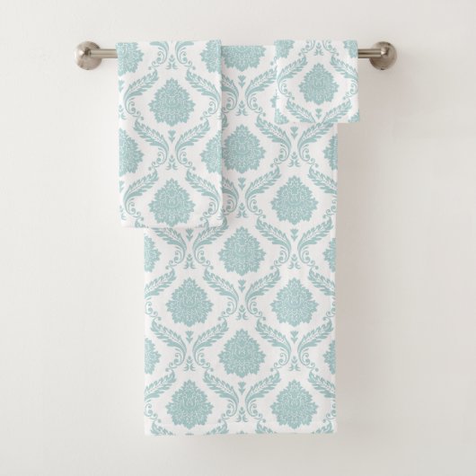 Rococo Damast Patroon Eendenei Blauw op Wit Bad Handdoek (Insitu)