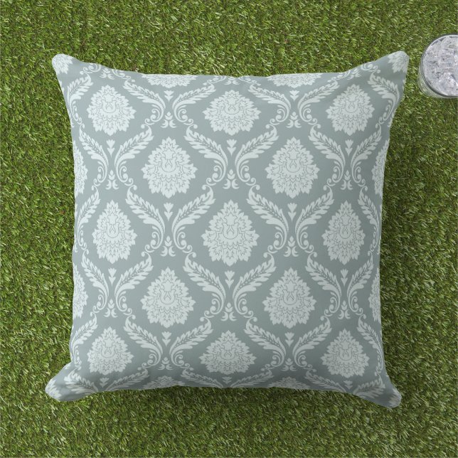 Rococo Damast Patroon Eendenei Blauw+Teal Buitenkussen (Gras)