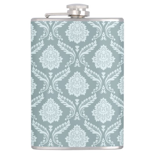 Rococo Damast Patroon Eendenei Blauw+Teal Heupfles (Voorkant)