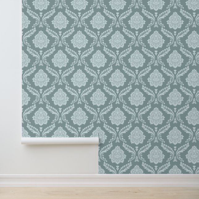 Rococo Damast Patroon Eendenei Blauw+Turquoise Behang (Applicatie)