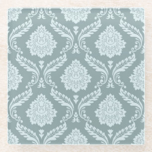 Rococo Damast Patroon Eendenei Blauw+Turquoise Glazen Onderzetter