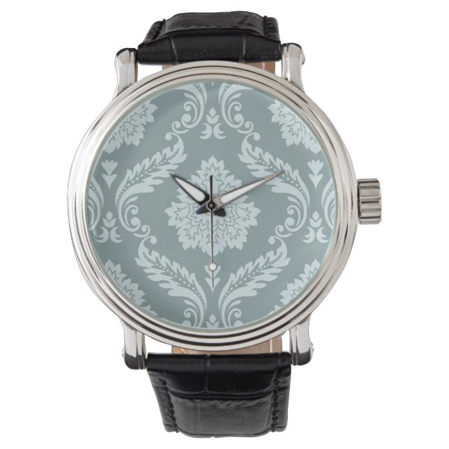 Rococo Damast Patroon Eendenei Blauw+Turquoise Horloge (Voorkant)