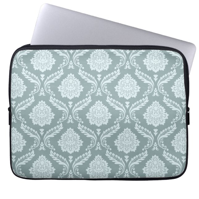Rococo Damast Patroon Eendenei Blauw+Turquoise Laptop Sleeve (Voorkant)