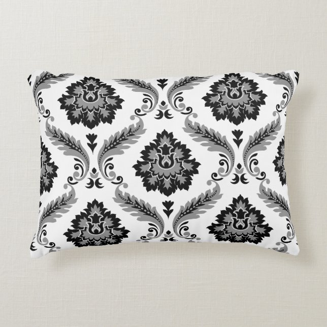 Rococo Damast Patroon Grijs Zwart Wit Accent Kussen (Voorkant)
