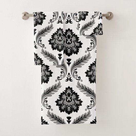 Rococo Damast Patroon Grijs Zwart Wit Bad Handdoek (Insitu)