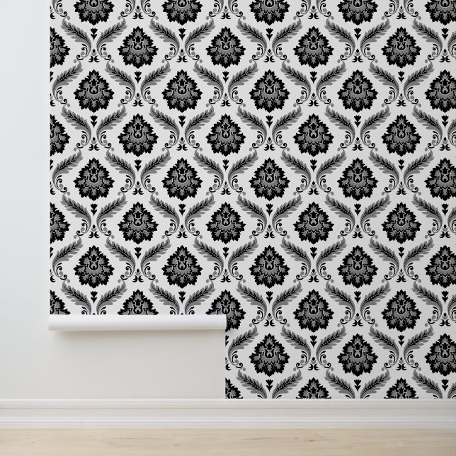 Rococo Damast Patroon Grijs Zwart Wit Behang (Applicatie)