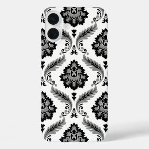 Rococo Damast Patroon Grijs Zwart Wit iPhone 16 Plus Hoesje